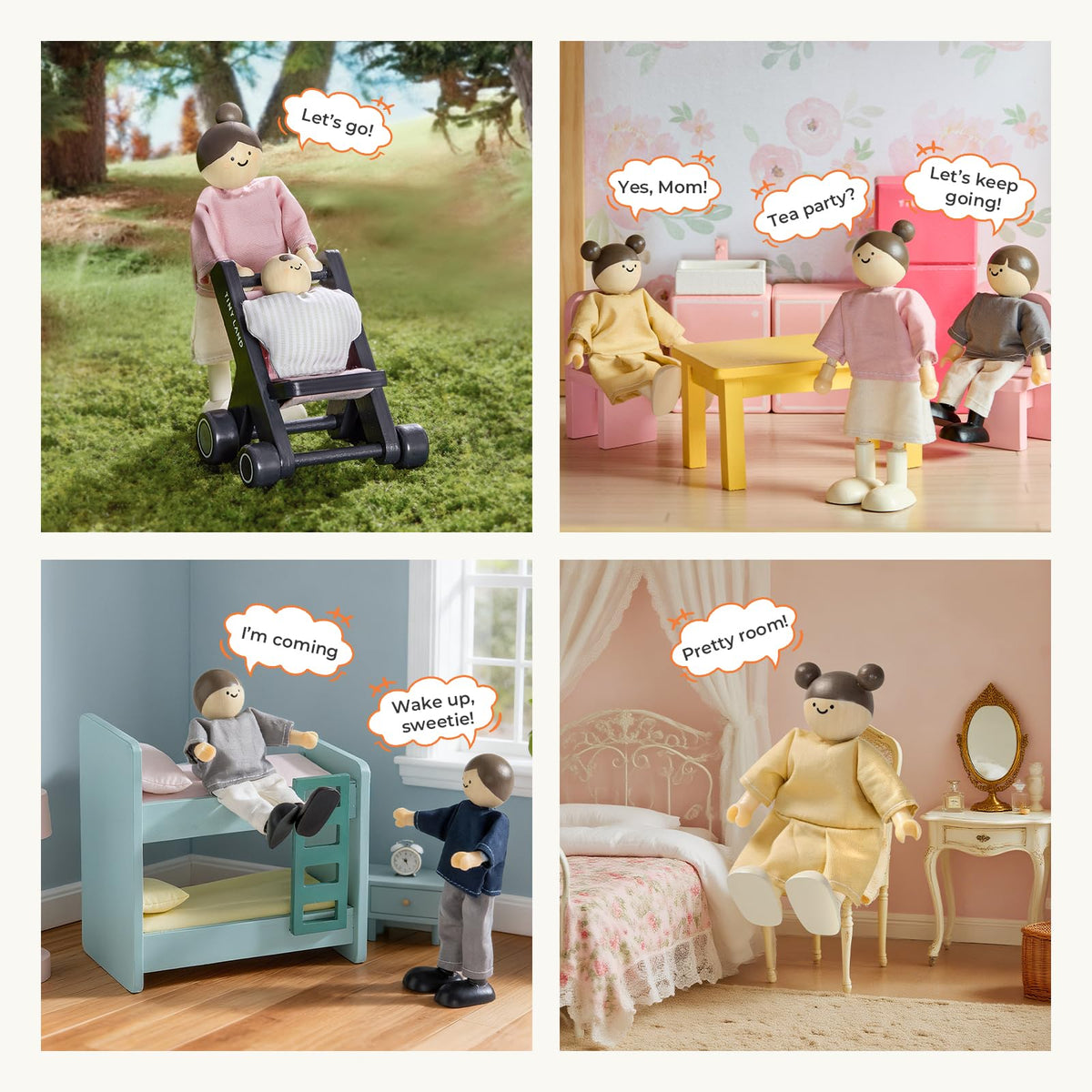 Tiny Land Wooden Dollhouse People Set，Wooden Doll House