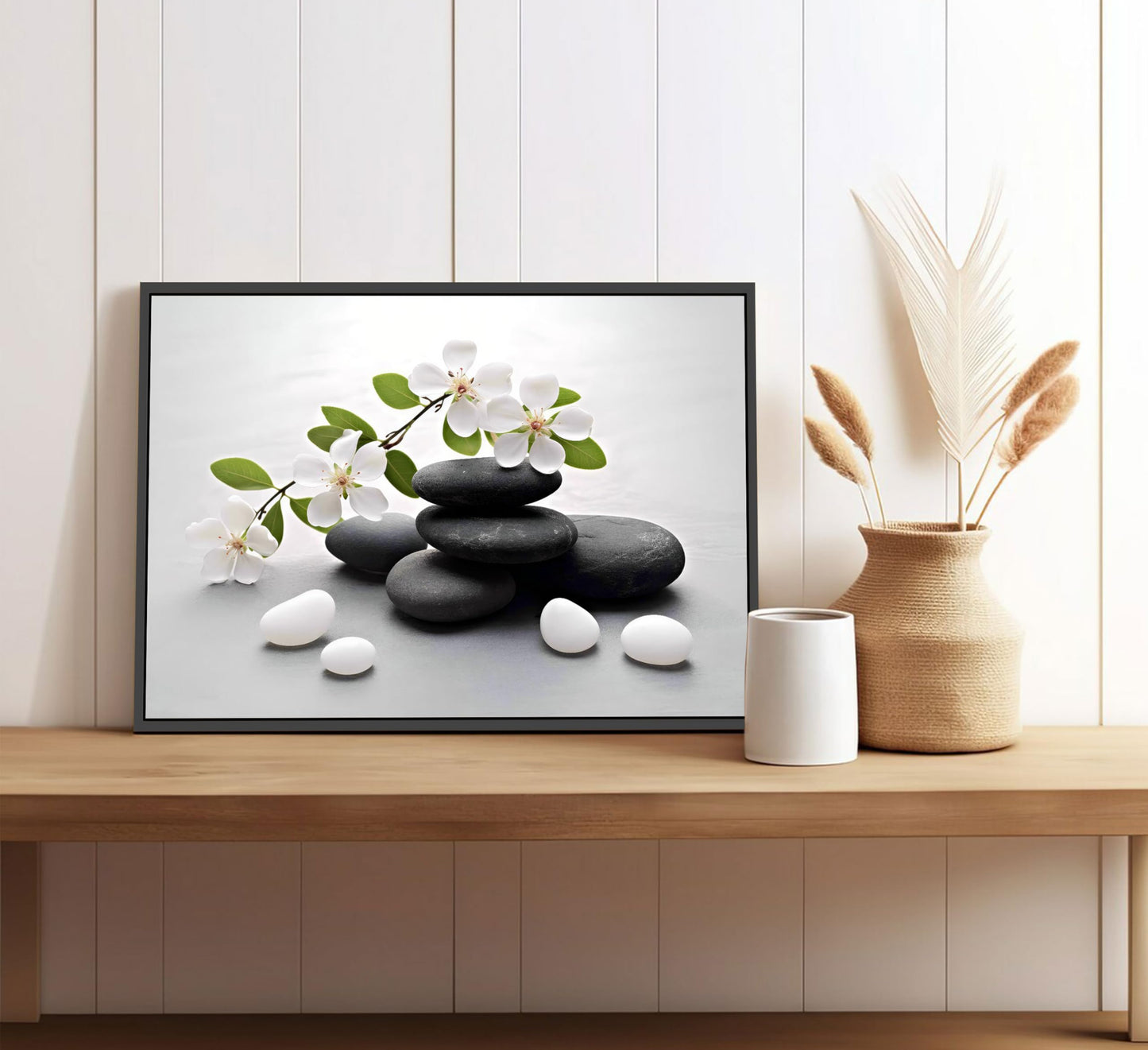 Framed Zen Stone Flower Canvas Wall Art Orchid Flower Black White Zen Stone Picture Wall Decor Still Life Poster Print Artwork for Bathroom Yoga Room Spa Room Meditation Room Office Home Decoration
