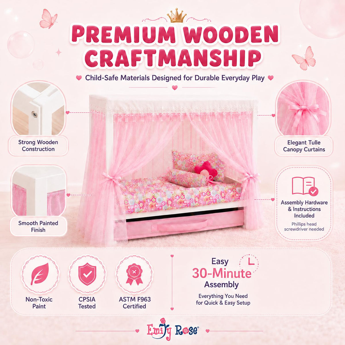 Emily Rose 18" Doll Princess Canopy Bed - White Wood with Pink Tulle Curtains, 5-PC Bedding Set & Storage Drawer - Fits American Girl Dolls - Royal Bedroom Furniture