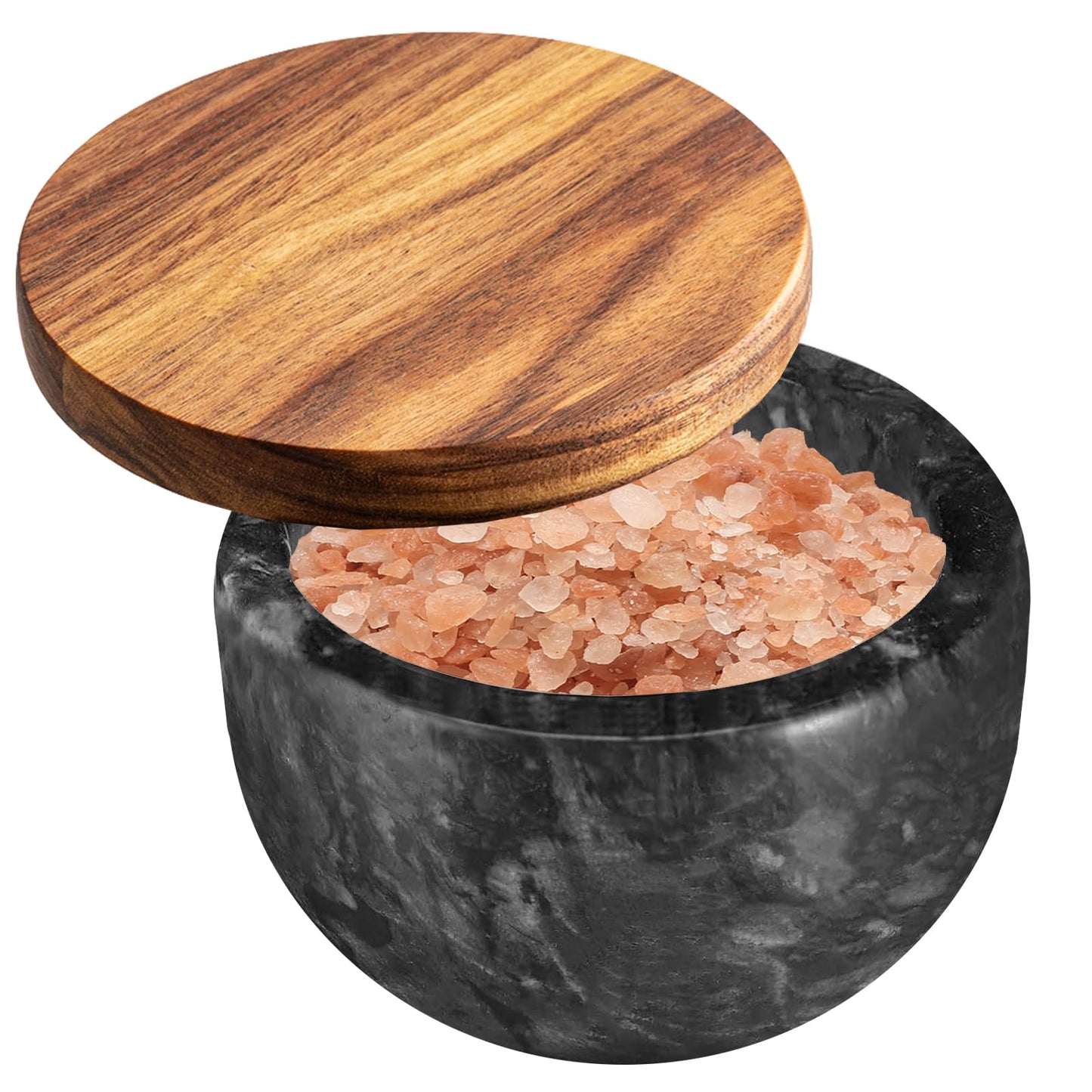 jalz jalz Salt Box Salt cellar with spoon Black Marble Base Natural Acacia Top Decorative Boxes Spice Seasonings Keeper Salt Container Elegant Design Salt Cellar Spice Cellar