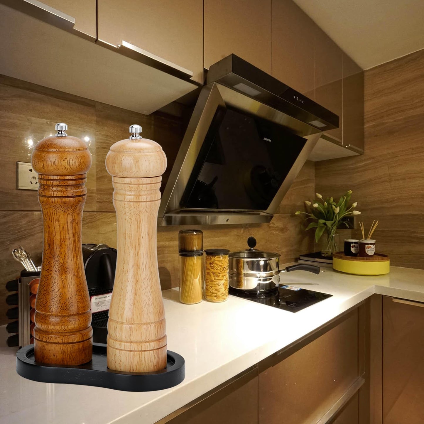BINHAI Black Salt and Pepper Mill Tray, Pepper Grinder Wood Rest, Work Surface and Dining Table Protector (Pepper mill not included)
