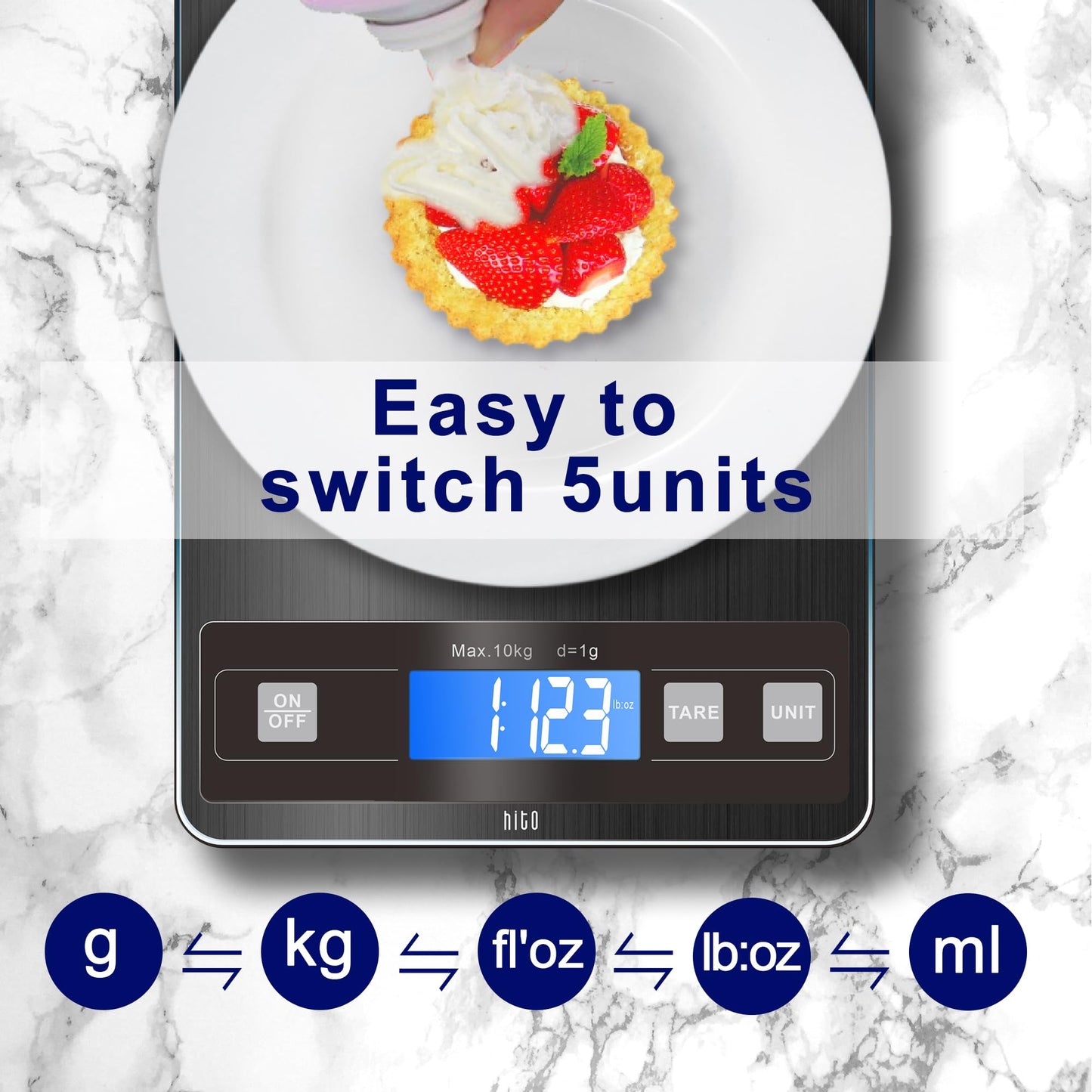 hito Food Scale 22lb Digital Kitchen Scale Rechargeable Waterproof Weight Grams and oz 1g/0.1oz Precise, for Weight Loss, Cooking and Baking, Black