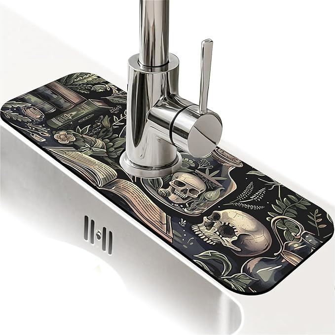 Kitchen Sink Splash Guard，Books and skulls Faucet Mat Sink Gadgets-Super