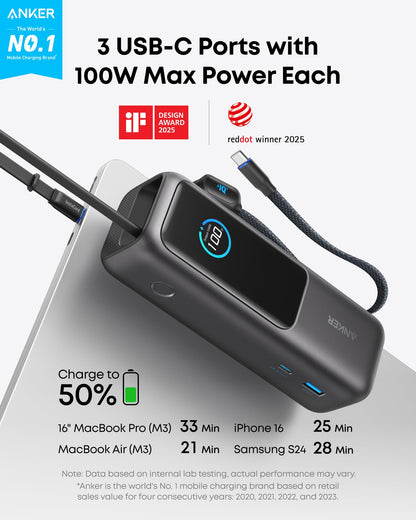 Anker Laptop Power Bank, 25,000mAh Portable Charger with Triple 100W USB-C Ports for Multi-Device Charging, Built-In and Retractable Cables, For iPhone 17/16/15 Series, Samsung, and More