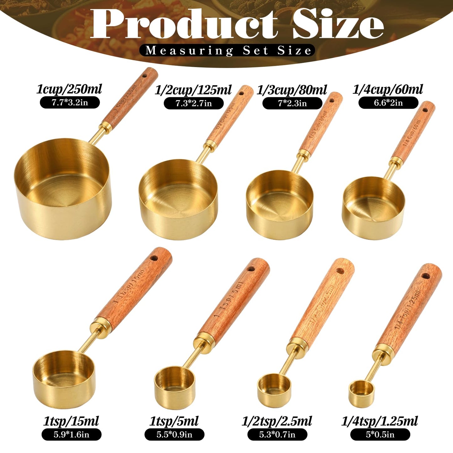 SHENLIU 8 Pcs Gold Measuring Cups and Spoons Set, Black Stainless Steel Measurings Cups with Wooden Handle, Metal Measuring Spoons and Measurings Cup Set for Kitchen Cooking Baking