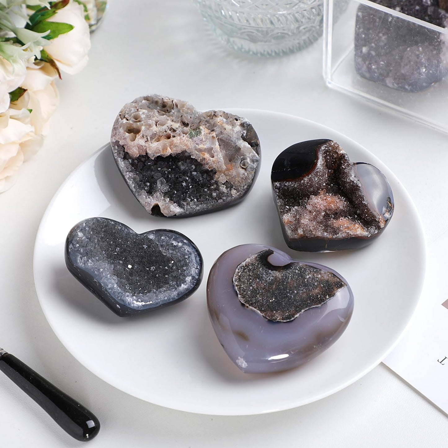 mookaitedecor Natural Agate Heart Crystal Geode Specimen, Healing Crystals Quartz Cluster Stone Mineral for Collection Home Office Decor, 75-155 g