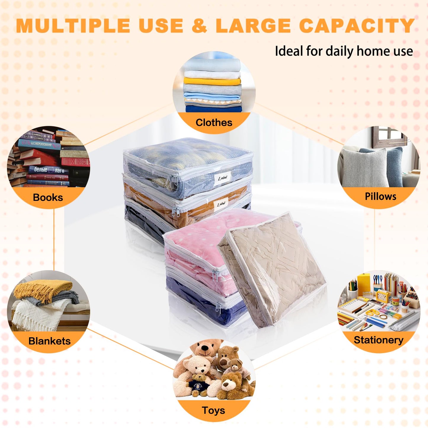 Heonay Clear Zippered Storage Bags Plastic Sweater Storage Bags with Zipper 6 Packs Clothing Organizer for Blankets Linen Sweater Bed Sheet Quilt Clothes Pillow (15.7 x 13.8 x 3.9 Inch, White)