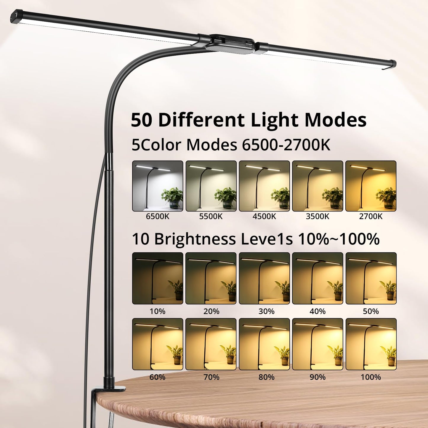 Woputne Desk lamp with Clamp, Super Wide & Bright, 5 Color Modes X 10 Brightness Levels, 960LM(160 Pcs Lamp Beads), 12W Computer Monitor Flexible Table Light, Desk Light for Office,Study, Crafts, Draw