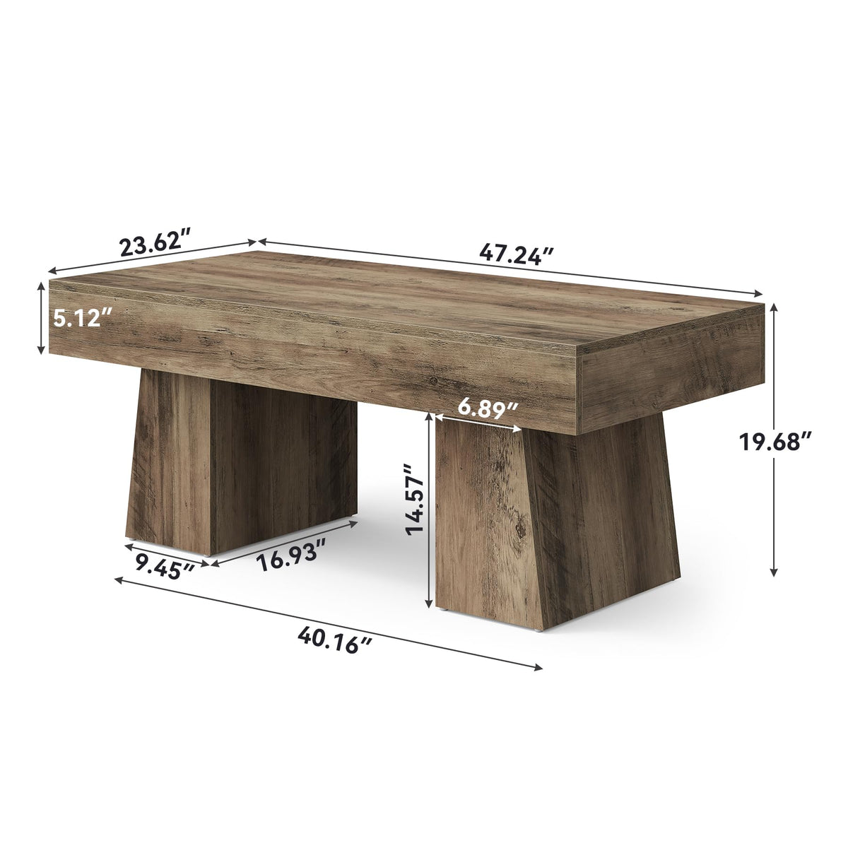 LITTLE TREE Farmhouse Coffee Table, 47 Inches Wooden Rectangular Accent Center Tables with Thick Base, Modern Low Cocktail Tea Furniture for Living Room (Rustic Brown)