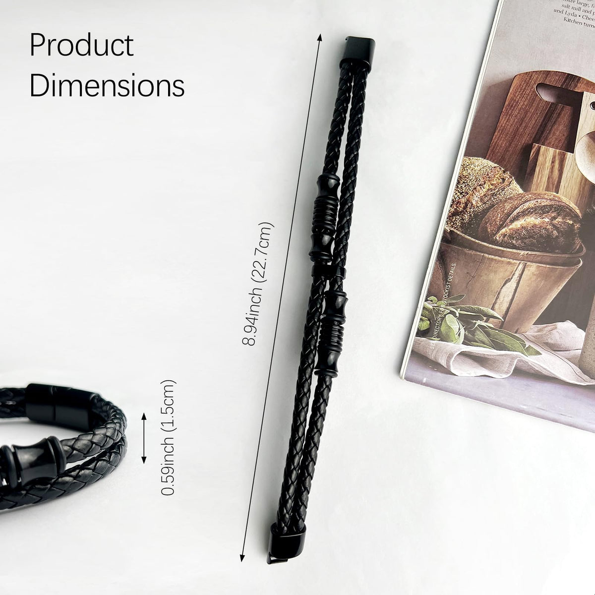 Tienyuu Men’s Double-Row Braided Leather Bracelet with Stainless Steel Ornaments – Black Leather Wristband Bangle