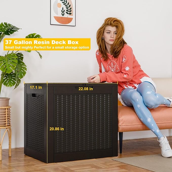 37 Gallon Outdoor Deck Box, Lockable Waterproof Outdoor Storage Boxes For Garden Tools,Indoor Cushions,Accessories Outside Storage Resin Weatherproof Container(Black)