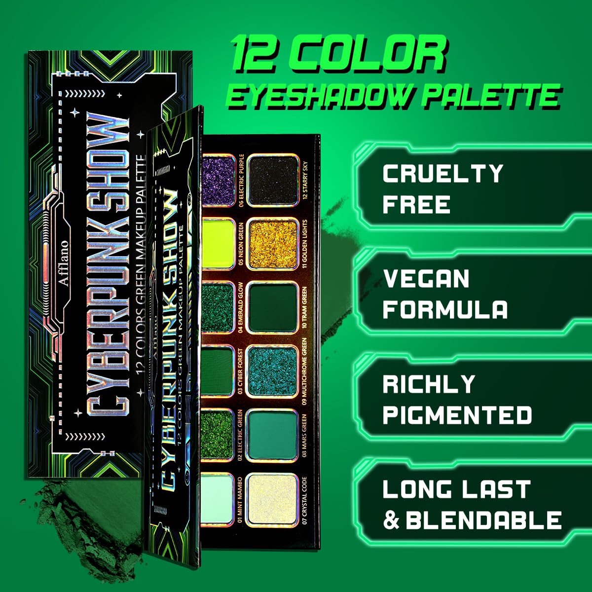 Green Eyeshadow Makeup Palette, 12 Color Green Holographic Glitter Eyeshadow with Matte Shimmer Finish for Hazel Eyes, High Pigment Silky Long Last Neon Yellow Blue Eye Shadow for Daily,Party,Cos,Goth