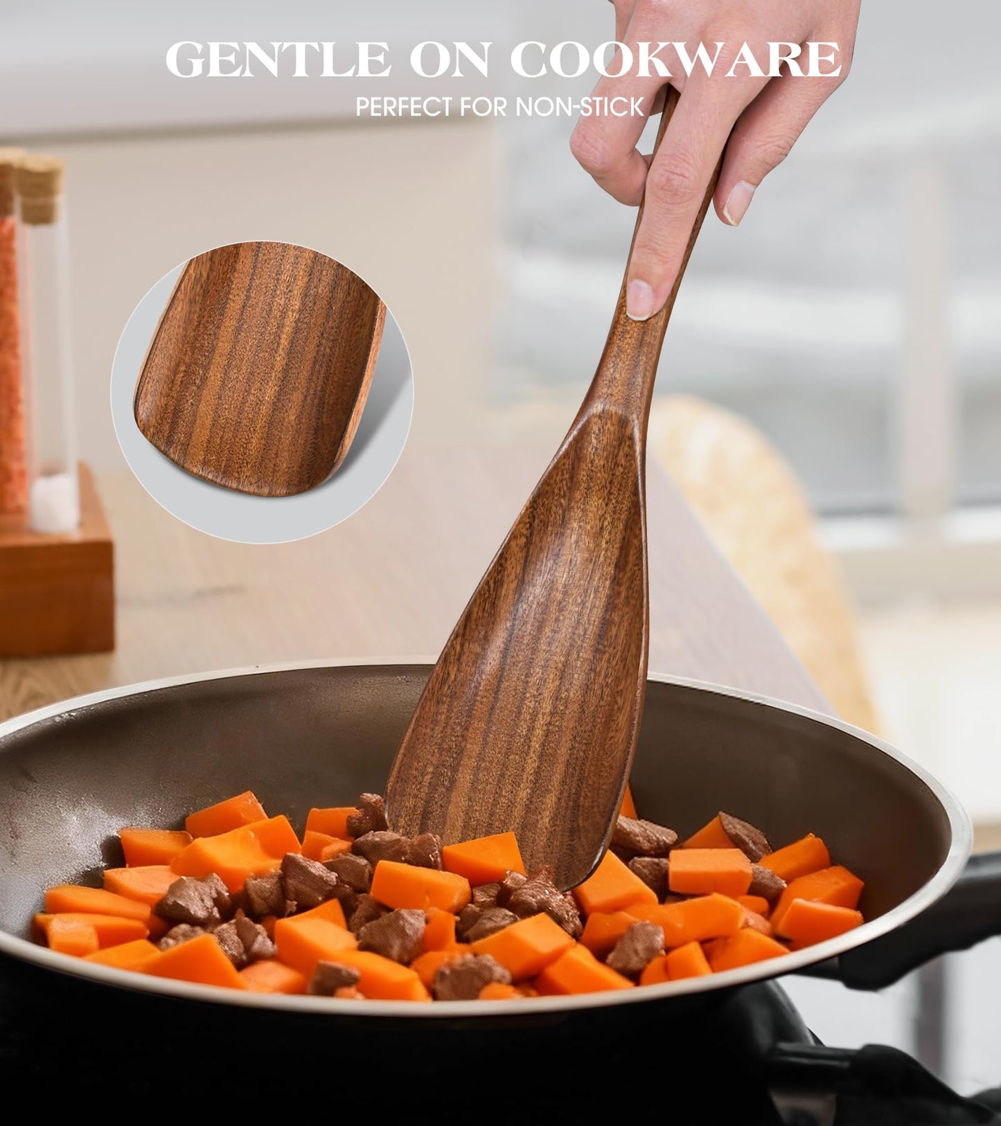 2Pcs Wooden Spatula Spoon, Multifunction Cooking Spoon for Nonstick Cookwares, Heat Resistant Acacia Wooden Spoon Spatula for Cooking, Mixing, Scooping, Scraping, BPA-Free, 11.6 x 2.8 Inch