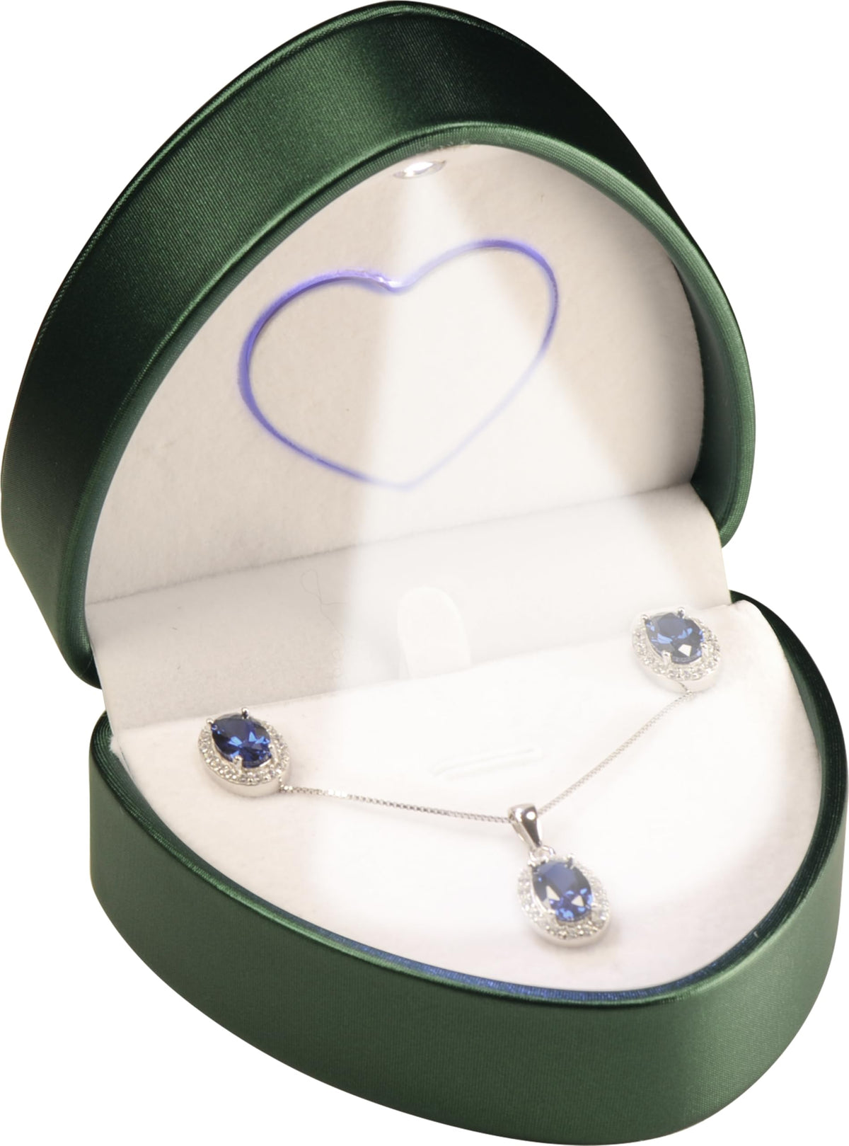 LED Necklace Earrings Box for Engagement, Wedding…Unique Designed Heart to Heart Idea PU Leather Heart Shaped Necklace Pendant Earring Jewelry Gift Holder Box with Light for Men for Women (Green)