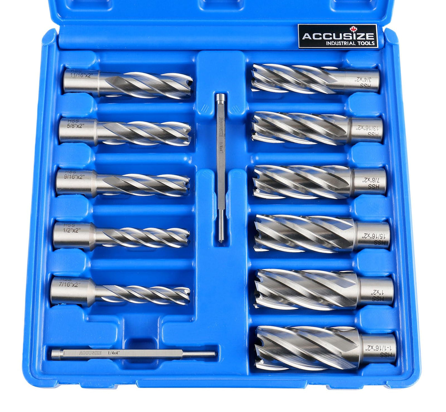 Accusize Industrial Tools 13 Pc 7/16'' to 1-1/16'' H.S.S. Annular Cutters, 2'' Cutting Depth, 3/4'' Weldon Shank, with 2 Pilot Pins, Strong Case, N2