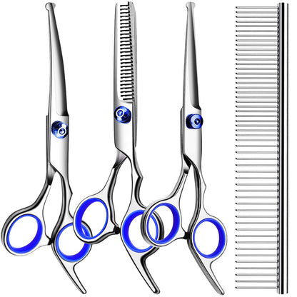TINMARDA Professional Dog Grooming Scissors Kit, Titanium Coated 5 in 1 Stainless Steel Grooming Shears Kit with Straight, Curved and Thinning Scissors for Dogs, Cats and Pets at Home