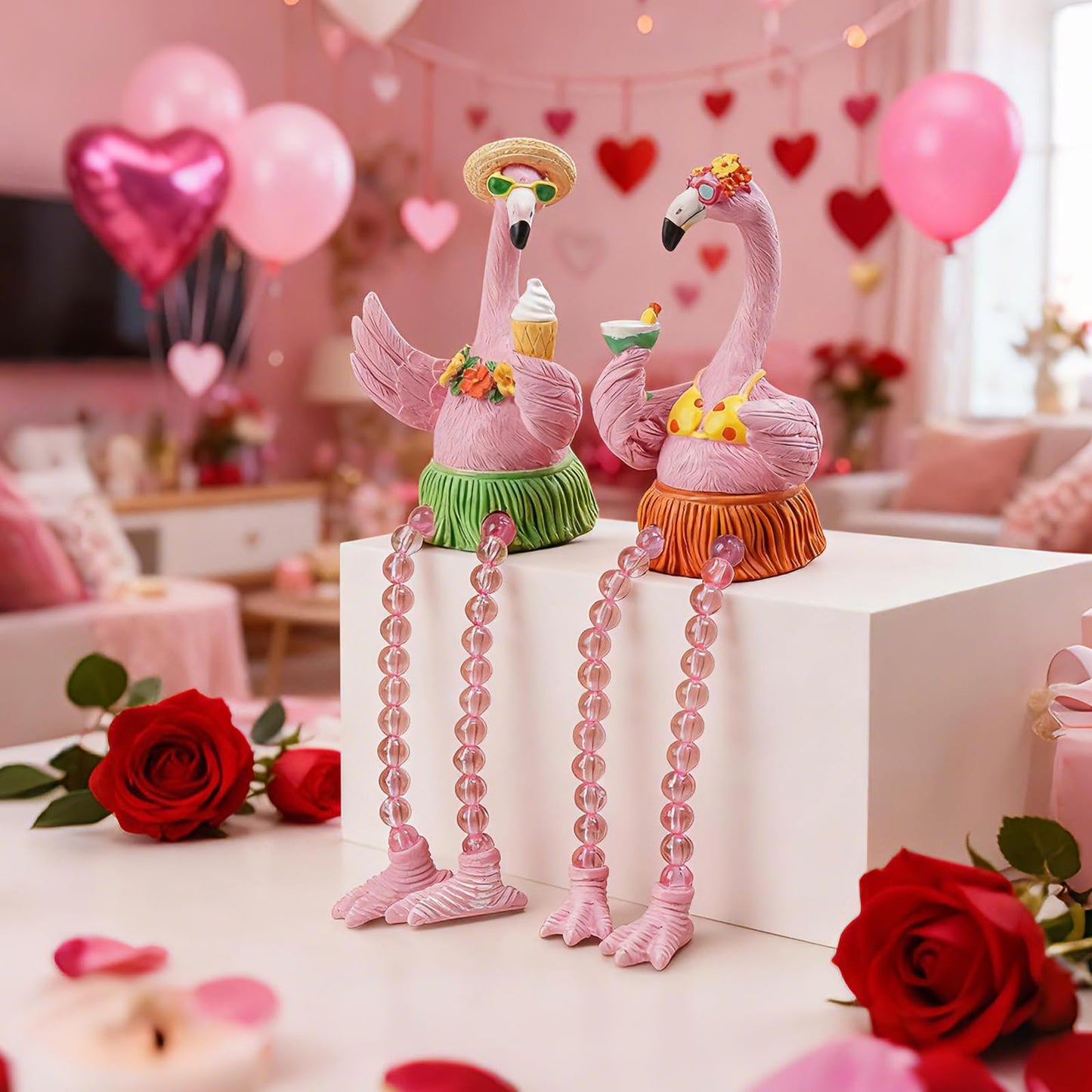 DiliComing Flamingo Decor Pink Gifts Statue - 2 Pcs Resin Collectible Figurine for Summer Tropical Home Decor Valentine Bathroom Yard Party Decorations 7.5 Inches Shelf Sitter with Dangling Legs