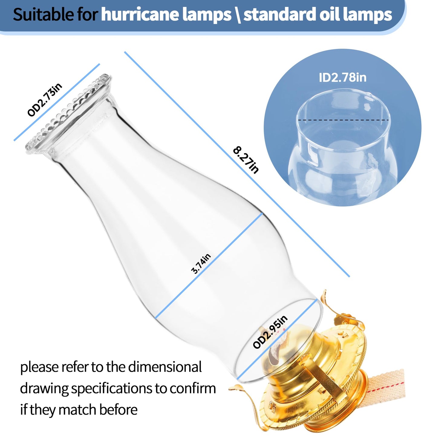Oil Lamp Chimney Replacement, Clear Hurricane Glass Shade with Wave Style, 3-Inch Base for Kerosene Lamps