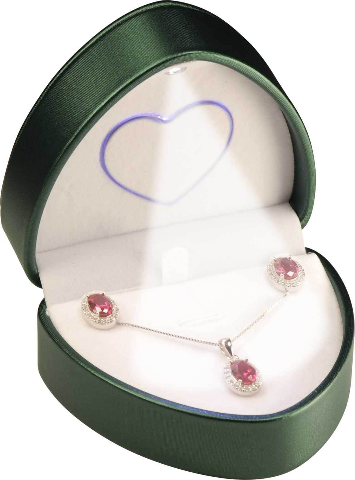 LED Necklace Earrings Box for Engagement, Wedding…Unique Designed Heart to Heart Idea PU Leather Heart Shaped Necklace Pendant Earring Jewelry Gift Holder Box with Light for Men for Women (Green)