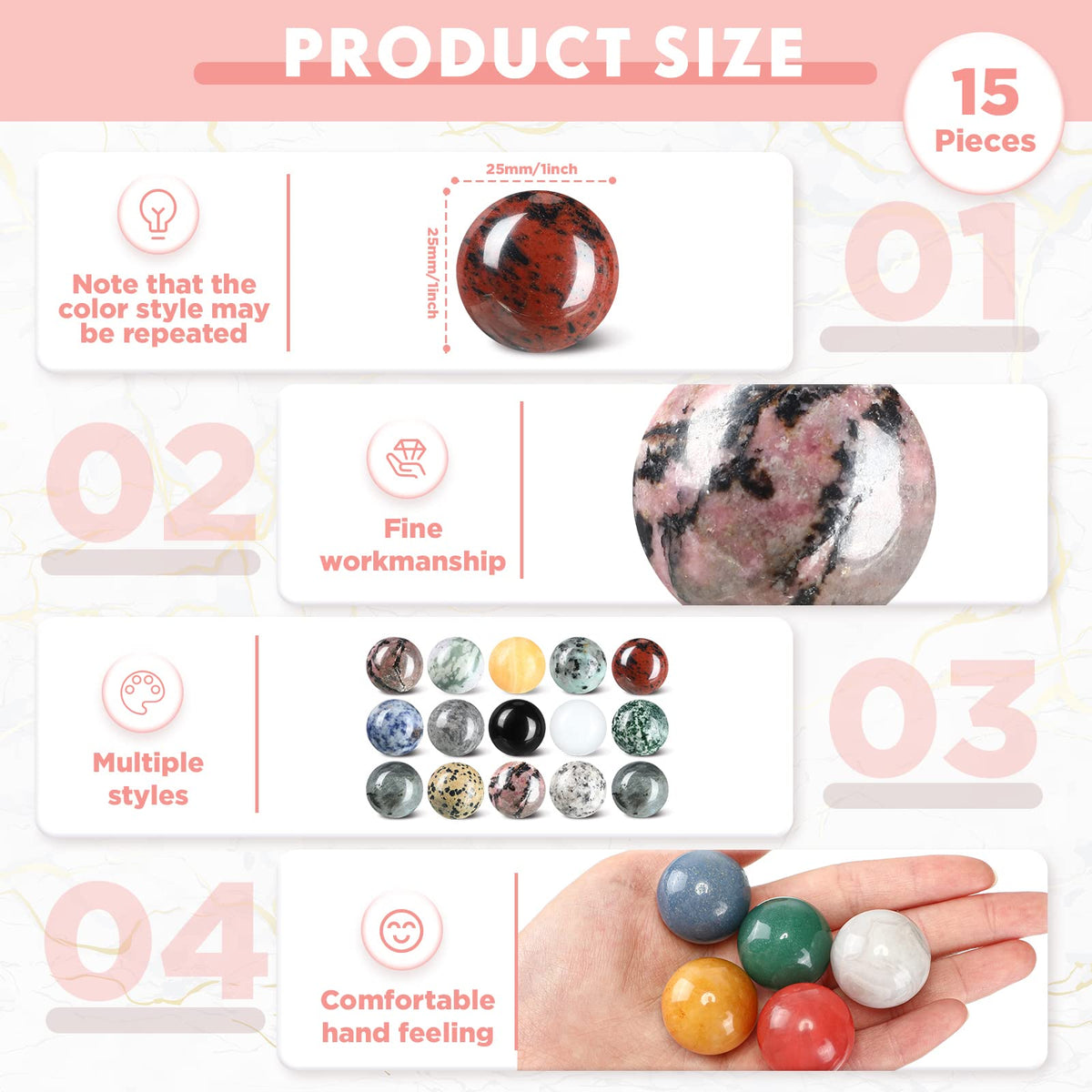 Nuenen 15 Pcs Gemstone Sphere Balls 1 Inch Polished Crystal Sphere Bulk Multi Style Witch Ball Tones Gemstones Pocket Palm Crystals for Witchcraft Meditation Reiki Balancing