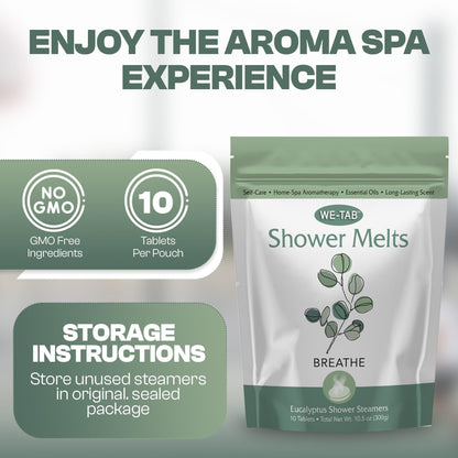 We-Tab Shower Steamers 10-pk with Essential Oil Aromatherapy to Breathe Clear, Long Lasting Eucalyptus Scent, for Relaxation, Stress & Sinus Relief and Self Care. Great for Flu & Cold Season.
