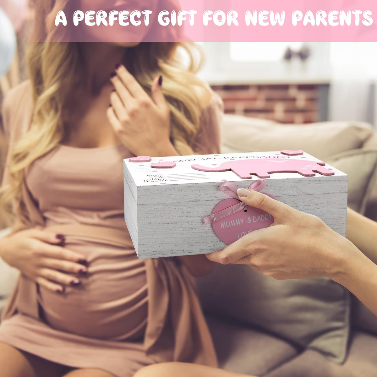 Soaoo 3D Wooden Baby Boys Memories Keepsake Box Baby Girls Elephant First Keepsake Box New Parent Newborn Baptismal Birthday Gift for Mementos 11.81'' x 7.87'' x 3.94''(Pink)
