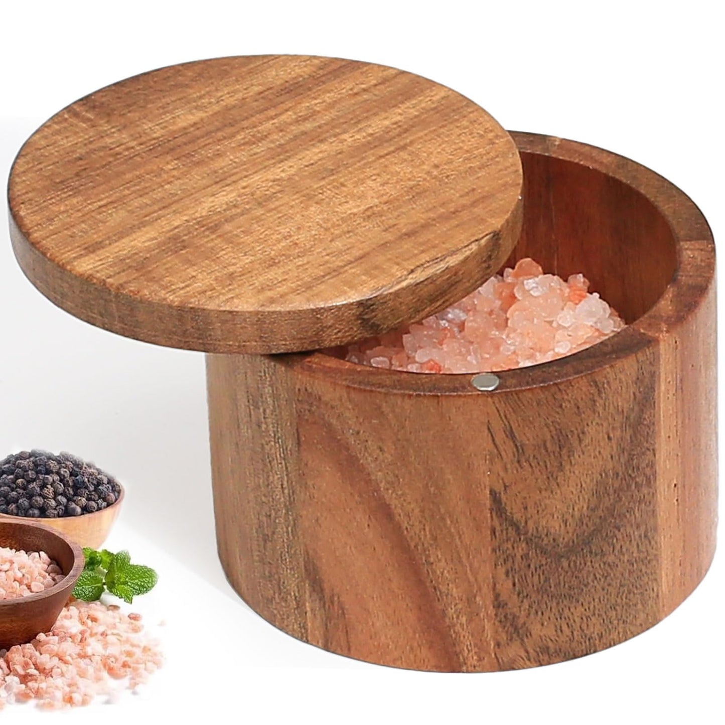MeowAroma Salt Cellar with Lid, 1 Cup Acacia Wood Salt Container with Swivel Cover for Spice/Herbs/Seasonings, Wooden Salt Holder Box for Charcuterie/Kitchen, 8.5 oz
