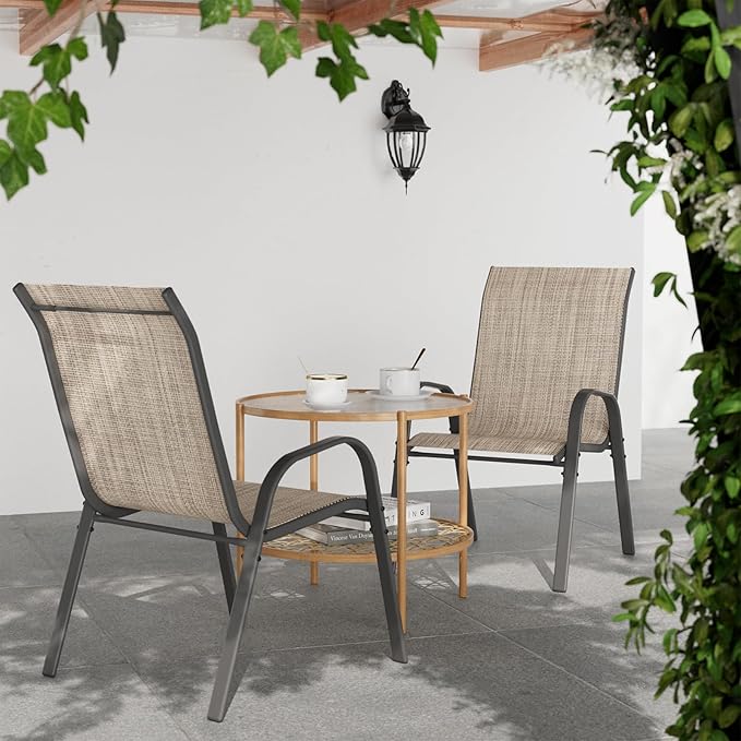 Patio Dining Chairs Set of 2, Outdoor Stackable Dining Chairs High Back, Patio Furniture for Backyard, Porch, Garden, Poolside (Brown)