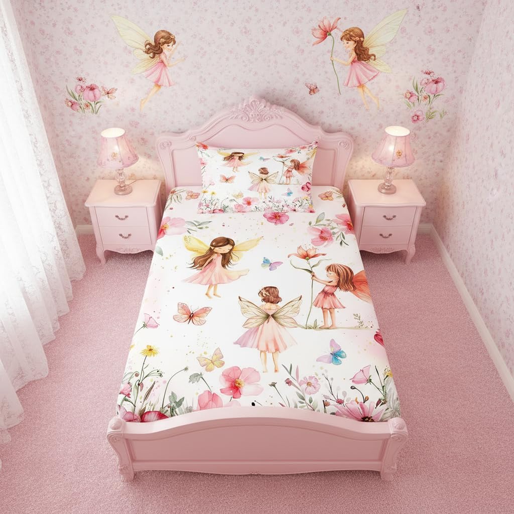 Erosebridal Dreamy Fairy Twin Fitted Sheet,Pink Fairy Garden Bedding Set for Girls Kids,Cute Floral Butterfly Bed Set,Princess Girly Coquette Bed Sheets 2Pcs Bedroom Decor (No Flat Sheet)