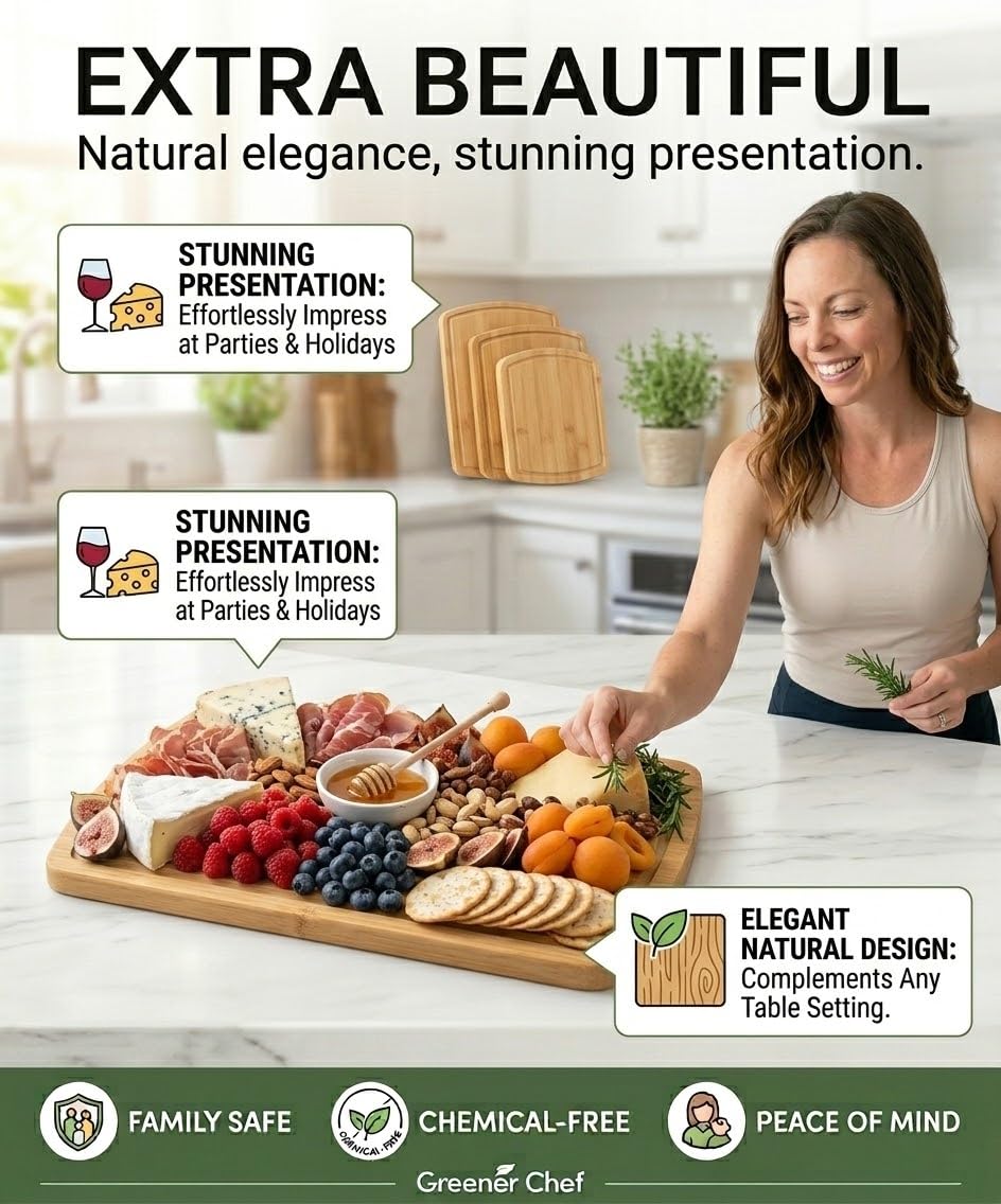 Greener Chef Luxury Bamboo Cutting Board Set of 3 with Glue-Free Surface Technology - Extra Spacious Wood Cutting Boards for Kitchen and XL Chopping Board Set - Replacements for Life