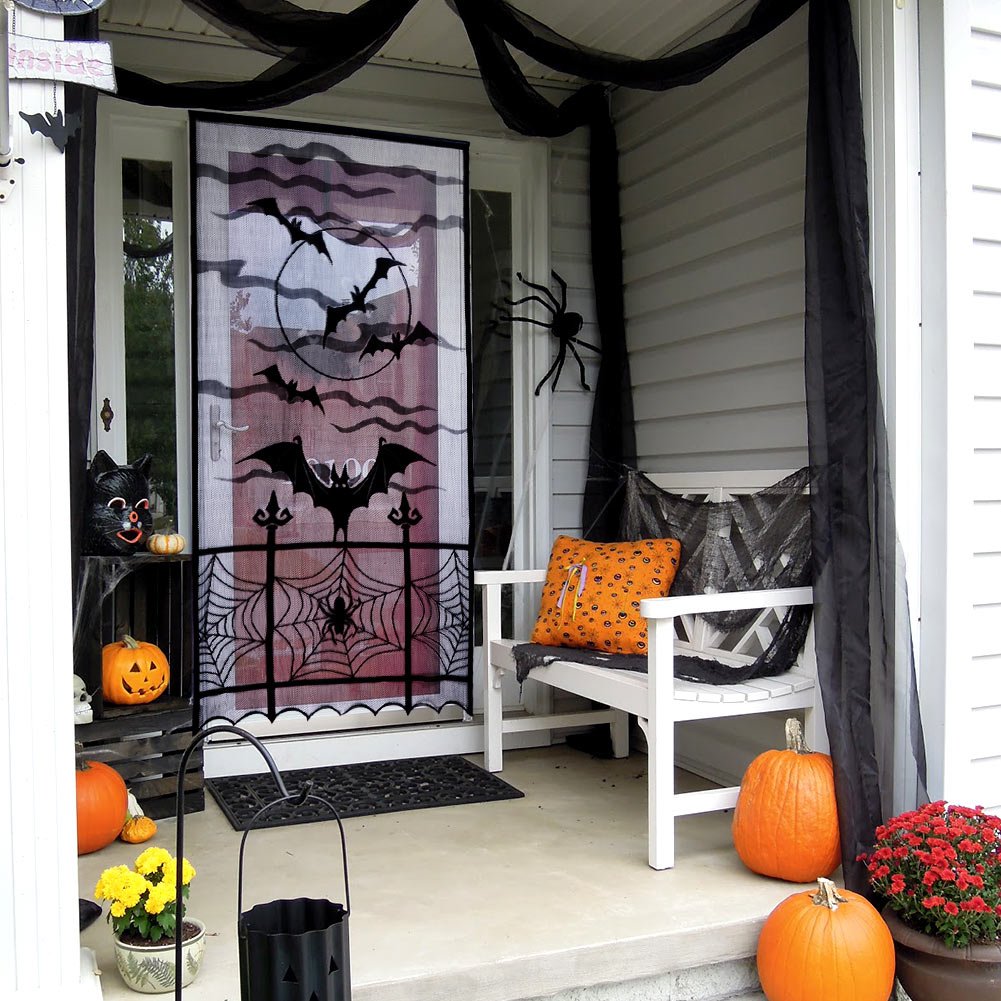 OurWarm 2pcs Black Lace Halloween Window Curtains, Spider Web Bats Door Curtain Panel Decor for Spooky Halloween Holiday Party Decoration, 40 x 84 Inch