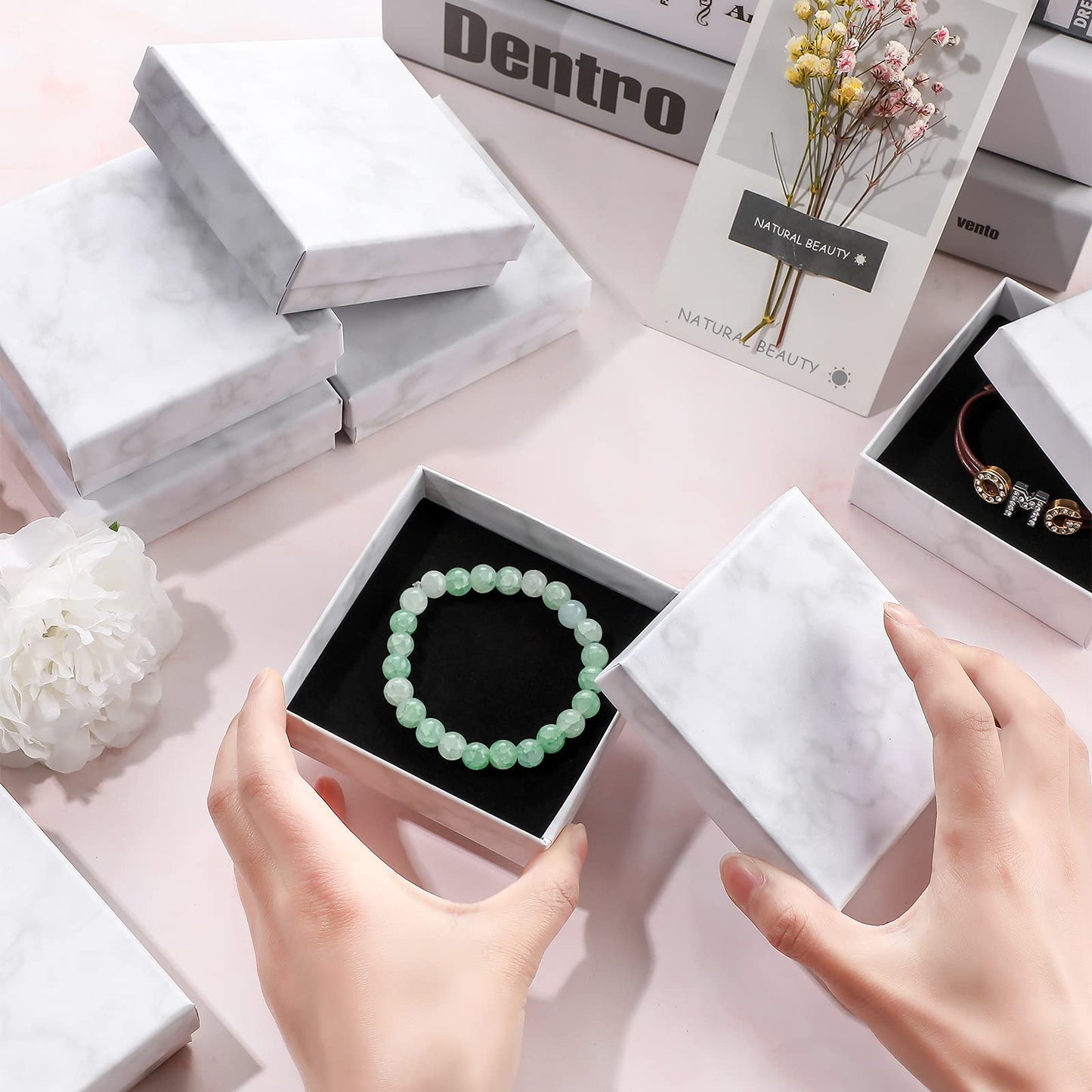 Pajean 12 Pcs Marble Jewelry Gift Boxes for Bracelet Cardboard Bracelet Box 3.54 x 3.54 x 1.18 Inch Small Cotton Filled Velvet Jewelry Gift Case, Marble White