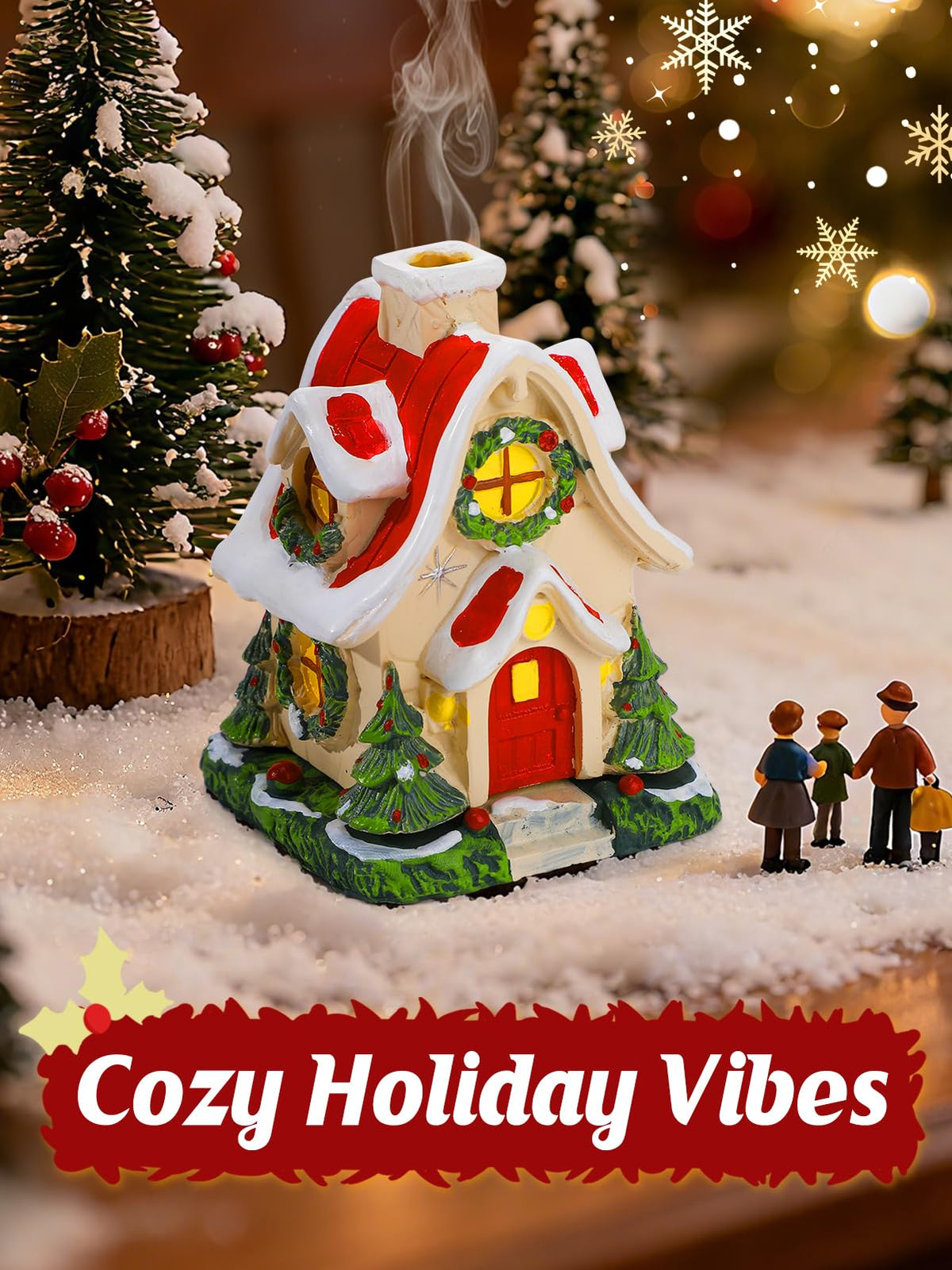 Christmas Log Cabin Incense Burner - Gift for Mom Wife Her Women, Christmas Village House Incense Holder with 2 Incense Cones for Home Decorations, Red