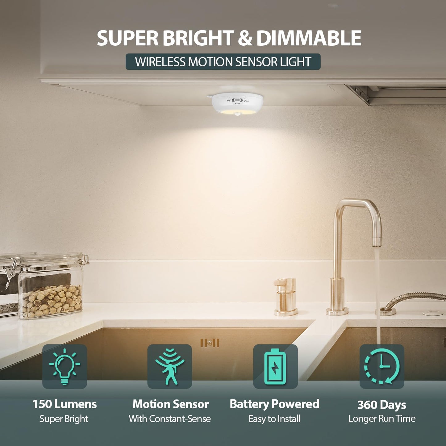 Motion Sensor Light Indoor, LED Night Light Closet Lights, Under Cabinet Lights, AA Battery Operated Stick on Wireless Puck Lights for Wall, Step, Stair, Dimmable (3 Pack)