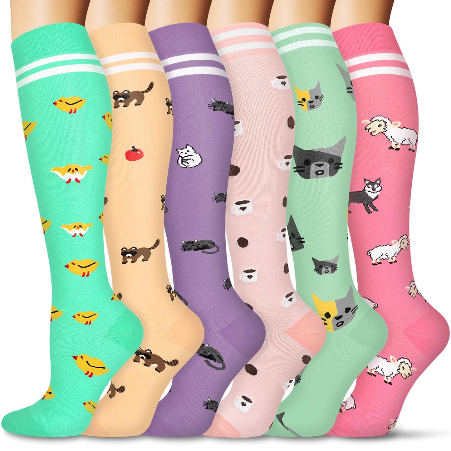 FULLSOFT 6 Pairs Compression Socks for Women and Men, 15-20 mmHg Support Knee High Socks for Nurses,Athletic,Flying(6 Pairs Animal,Large-X-Large)