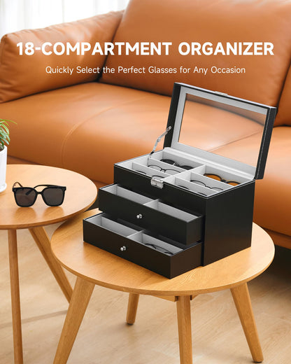 CO-Z 18 Compartment Sunglasses Organizer, Leather Eyeglasses Storage Box for Women Men, Lockable Eyewear Display Case with Drawer, Glasses Holder with 18 Slots for Watches Jewelry Collection, Black