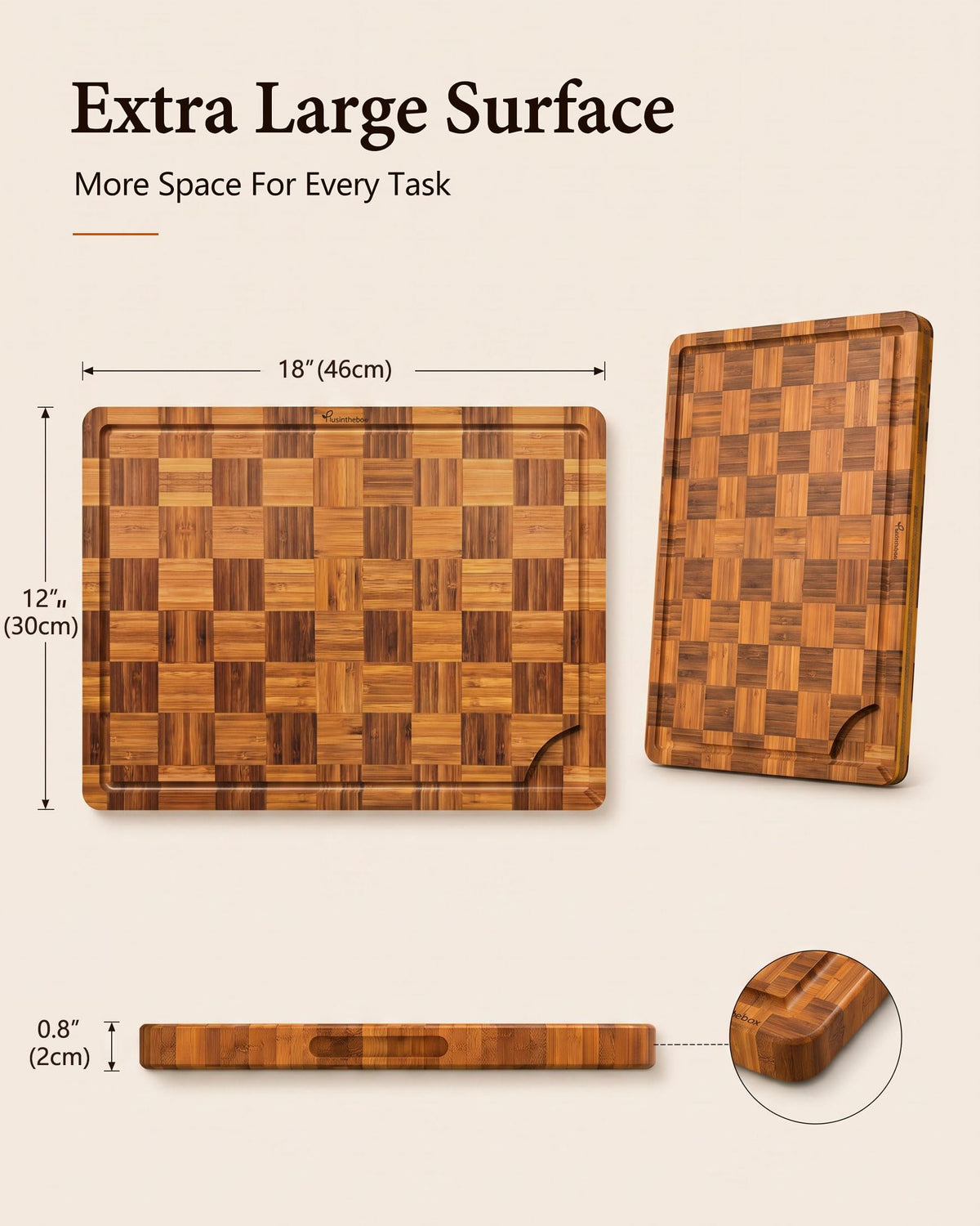 Plusinthebox Bamboo Cutting Board 18" x 12", Heavy Duty Checkered End Grain Butcher Block for Kitchen with Deep Juice Grooves and Handles for Meat, Cheese, Charcuterie and Dough