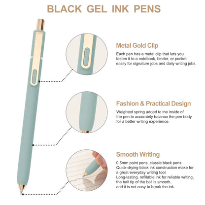 Linbsunne Gel Pens Black Ink Pens for Office 0.5mm Fine Point Pen Smooth Writing Retractable (Metal gold clip-10 pcs)