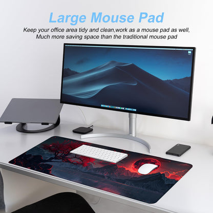 Red Moon Mouse Pad XXL – Large Gaming Desk Mat with Dark Mountain Landscape & Sakura Tree, Extended Mousepad with Non-Slip Base for Office, Gamer Setup,31.5 x 11.8 in