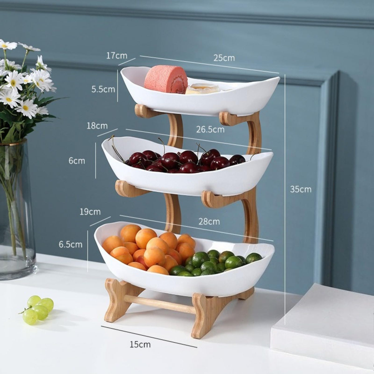 YWHWXB Multi-Layer Fruit Bowl with Natural Bamboo Rack,Plastic Wooden Frame Candy Plate,Large Capacity Snack Bowl Set,Bamboo Food Serving Tray for Kitchen Counter (White, Triple Layer)