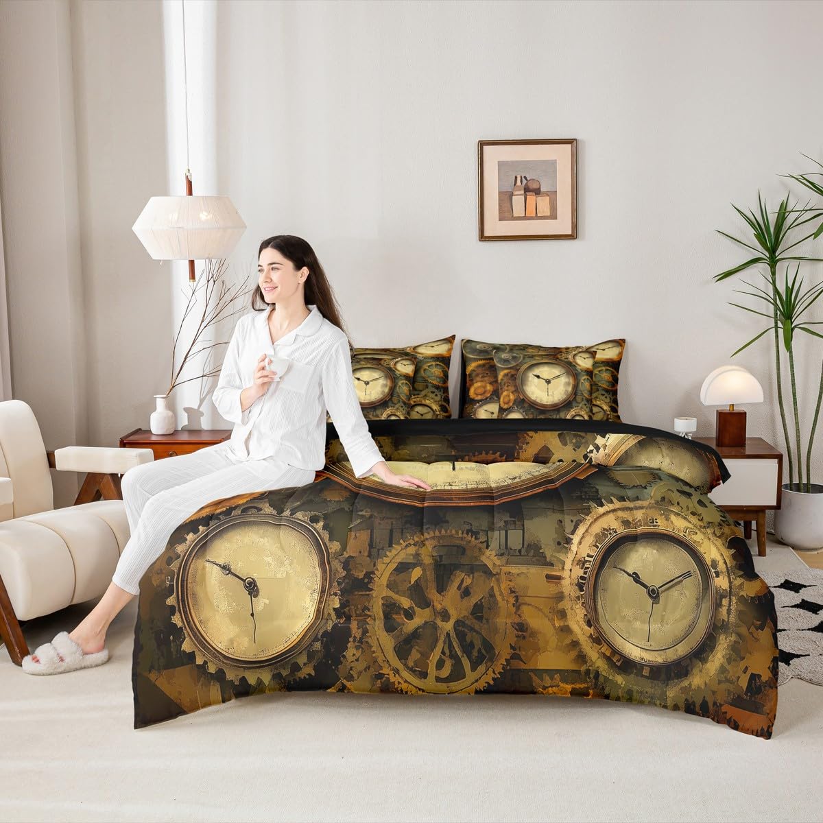 Erosebridal Ndustrial Gear 7 Pcs Bedding Set Queen Steampunk Style Comforter Set with Sheets Clocks Theme Bed in A Bag Mechanical Device Retro Brown Bedroom Decor