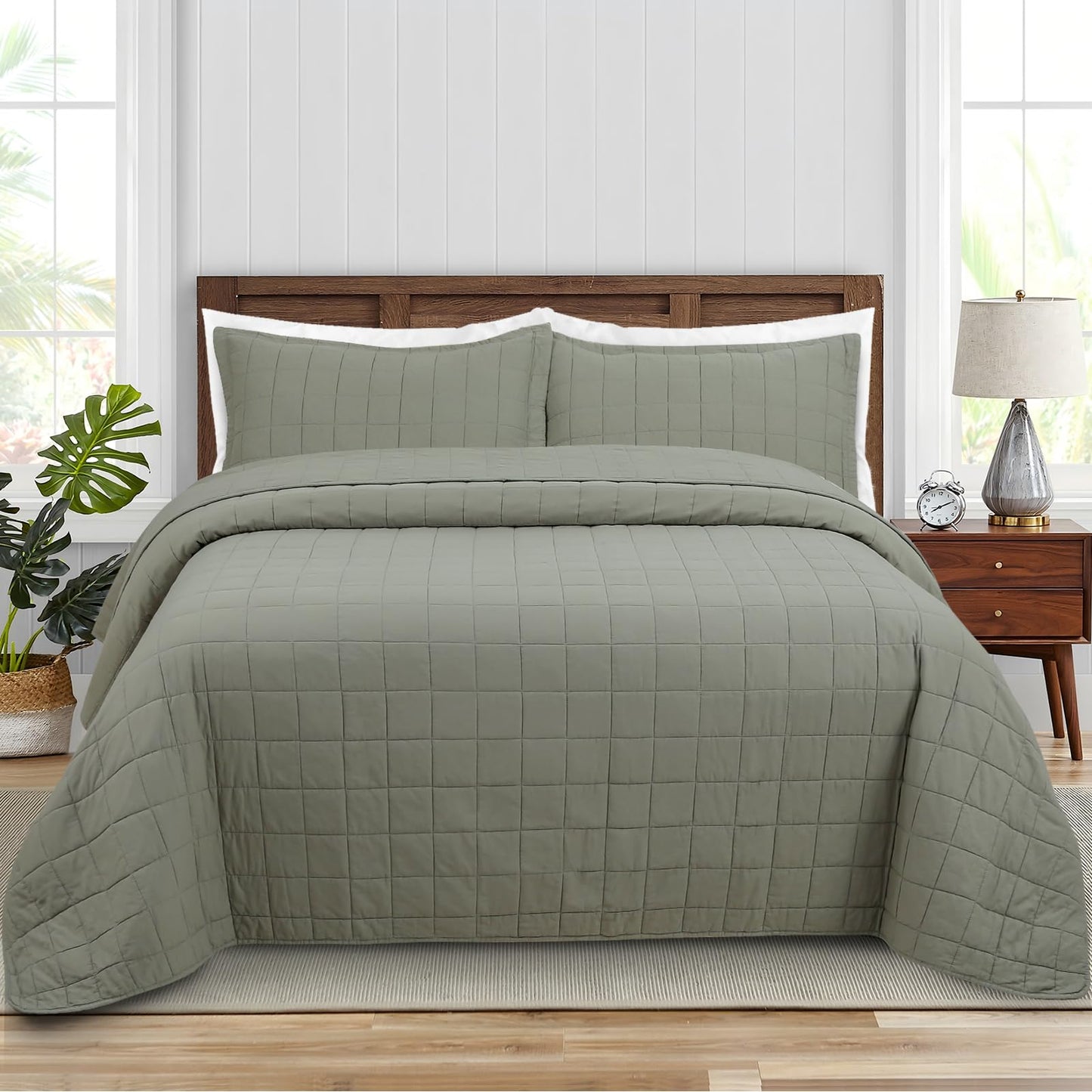 FFQSS Quilt Queen Size Bedding Sets - 100% Cotton Lightweight Luxury Comforter Set, Full Size Stitching Bedspreads Coverlet with 2 Pillowcase Suit for All Season, Green