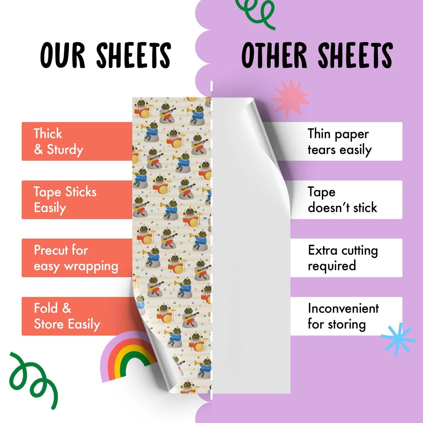 CENTRAL 23 Beige Halloween Wrapping Paper - 6 Sheets with Frogs Playing Musical Instruments - Birthday Wrap for Boys, Girls & Music Fans - Christmas Festivities, School Events