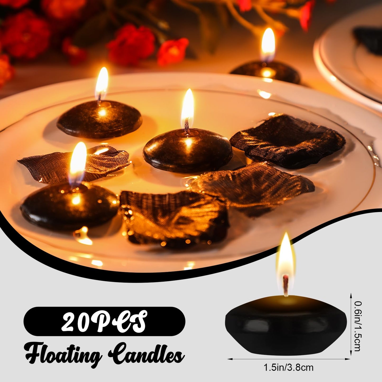 Nuanchu 20 Pcs Halloween Black Floating Candles Centerpieces for Wedding 1.5 Inch Small Unscented Floating Candles Decoration for Wedding Party Thanksgiving Christmas Holiday and Home Pool Decor