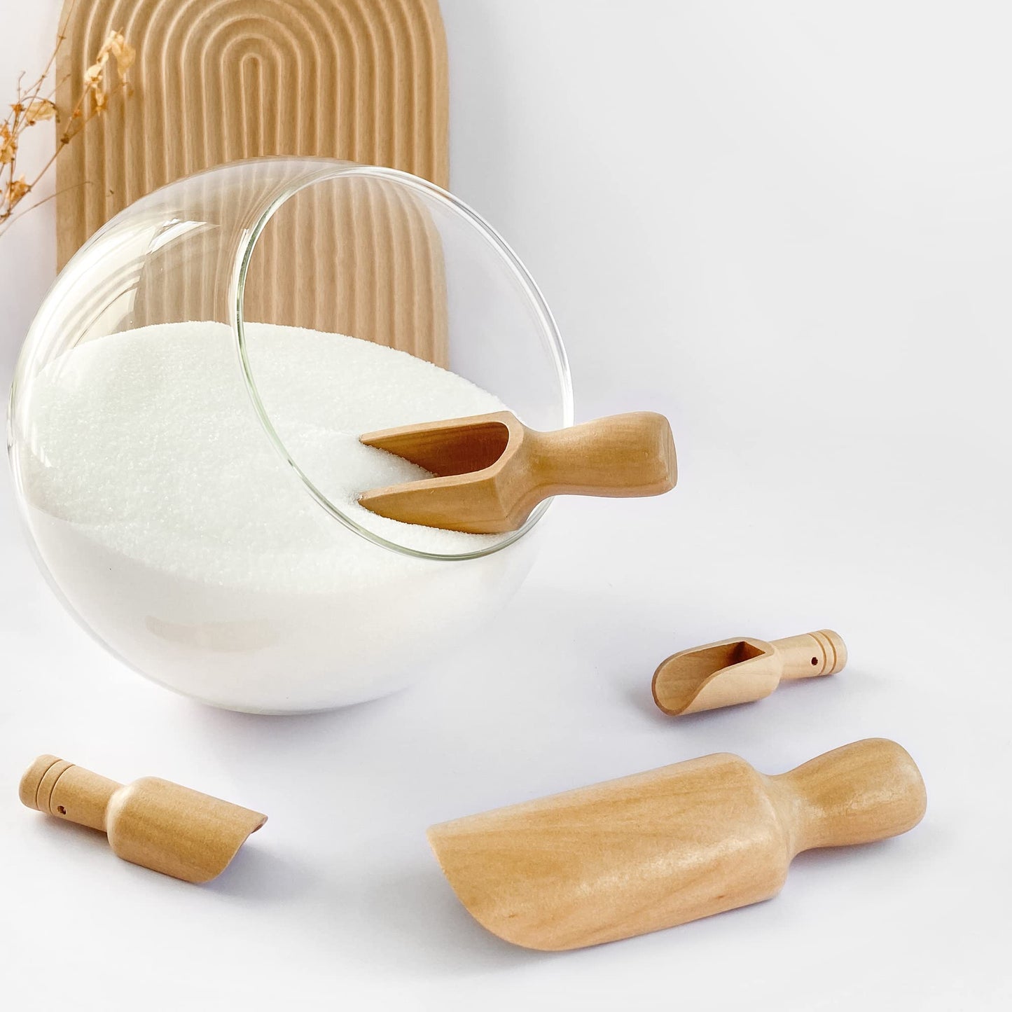 Wooden Scoop (5.5"+3") 2Standard 2Mini bath salt scoop Natural Beech Wood Scoop for Flour, Bath Salt, Sugar, Cereal, Coffee and More - Multipurpose Wooden Spoon