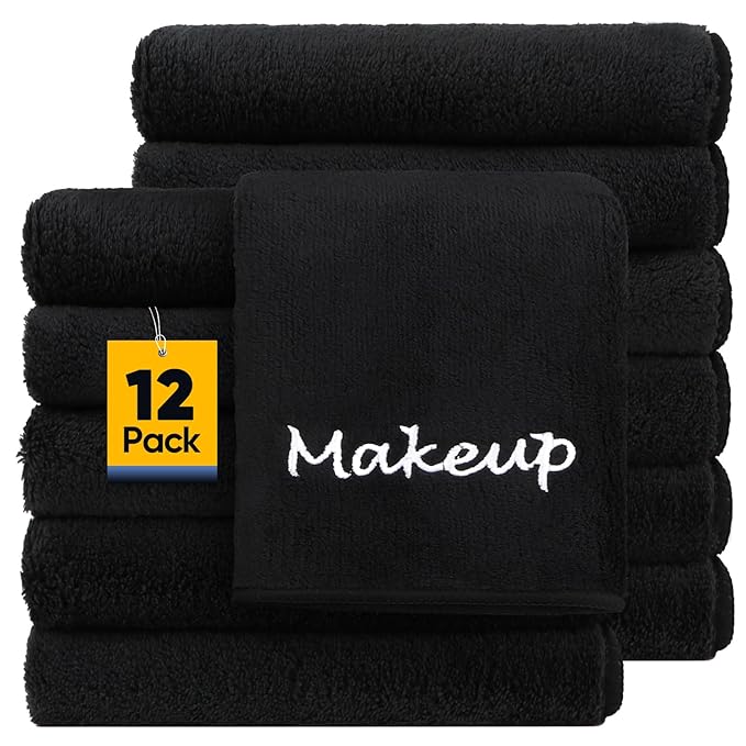 Makeup Remover Cloth, 12 Pack Black Facial Wash Cloths, Soft Coral Fleece