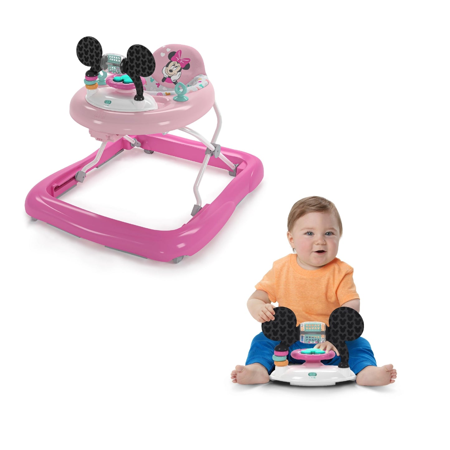 Bright Starts, Disney Baby, Minnie Mouse Forever Besties 2-in-1 Activity Walker with Removable Toy Station with Lights, Songs & Sounds, Adjustable Height, Foldable, Easy to Clean, Pink, Age 6 months+