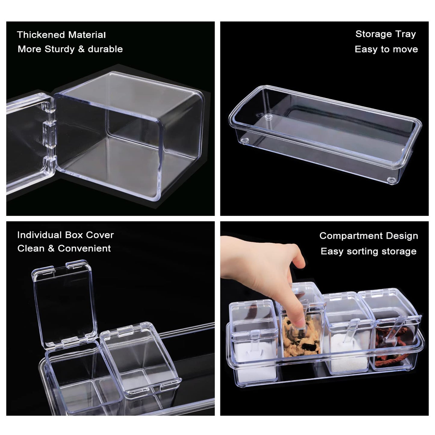 SHAIDOJIO Clear Seasoning Box, 8 Piece Seasoning Rack Spice Pots, Plastic Storage Container Condiment Jars with Lids and Spoon, Kitchen Organization Containers for Spice, Salt, Sugar, Cruet (2 Set)