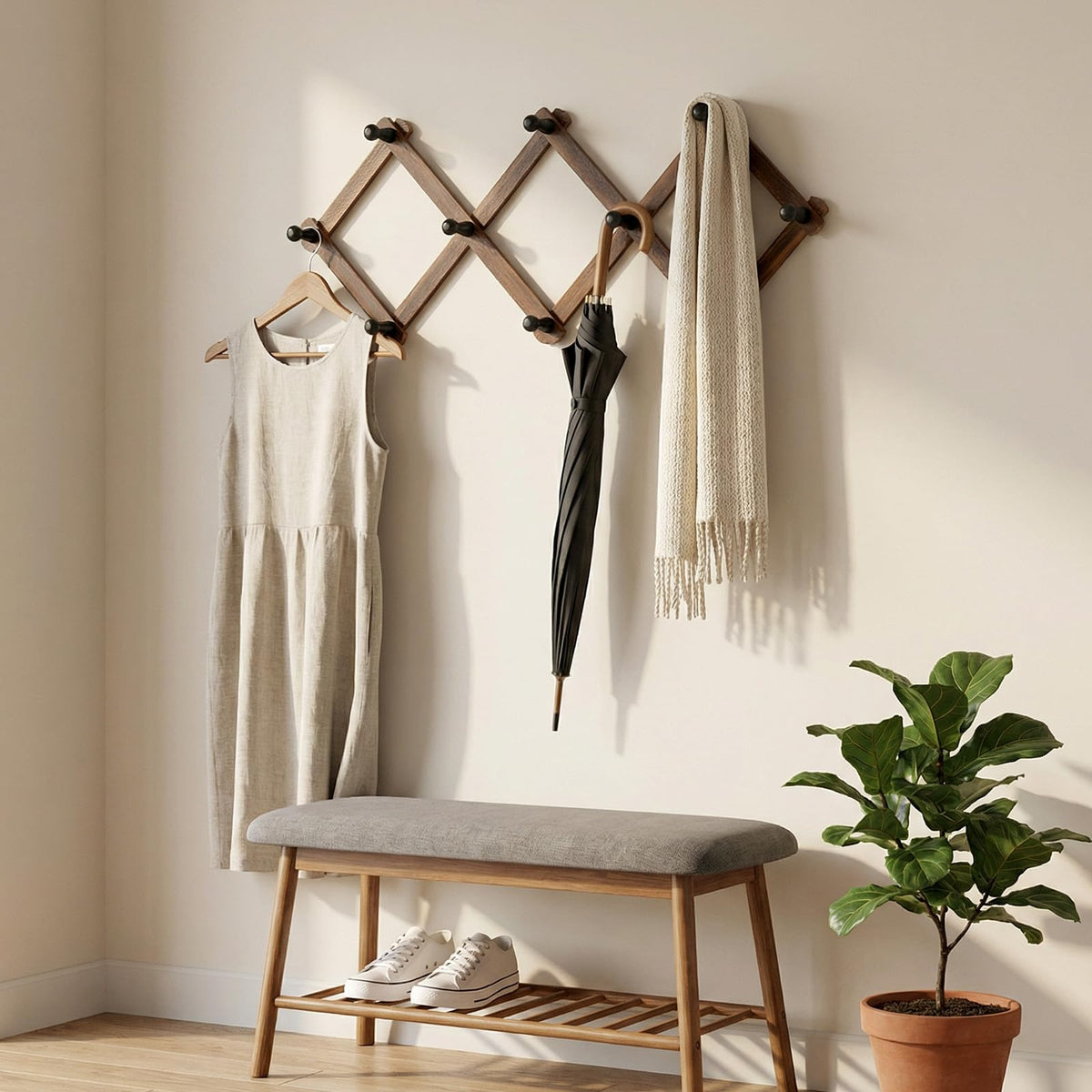 kenaeooe 4 Pcs Accordion Wall Hanger Expandable Hat Rack for Wall with 8 Peg Hooks X Shape Wooden Coat Rack for Hats, Coats, Scarves, Jackets, Purses, Keys, Mugs, Rustic Natural Wood