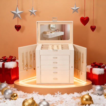 BOOVO Jewelry Box For women, 6 Layer Large Jewelry Organizer With Mirror, Multi-Function Storage Box With Lock, Necklace Holder With 5 Drawers, For Earrings Necklace Bracelet (Silver and White)